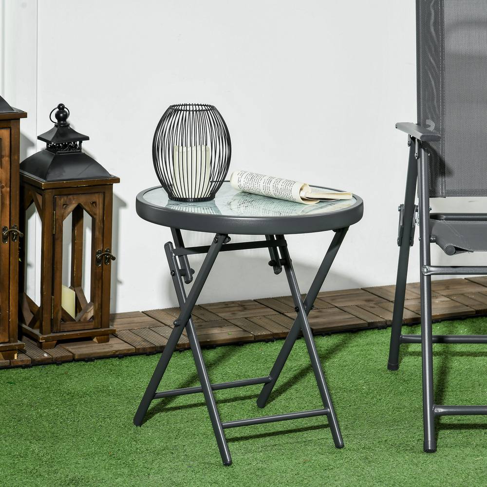 Outsunny Round Folding Side Table W Imitation Marble Glass Top In White