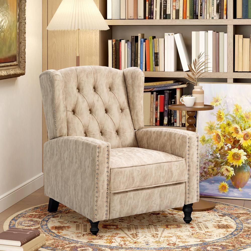 Homcom Marble Effect Manual Reclining Armchair W Footrest Studs Wood Legs In Beige
