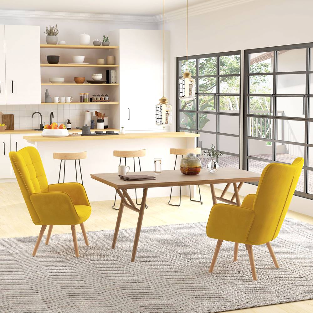 Homcom Modern Accent Chair Velvet-Touch Tufted Wingback Armchair Set Of In Yellow