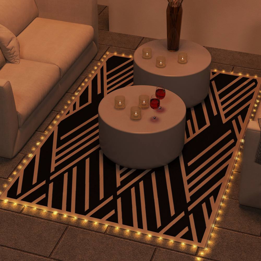 Outsunny Reversible Outdoor Rug Waterproof Plastic Straw Mat With Led String Lights, Carry Bag In Chocolate