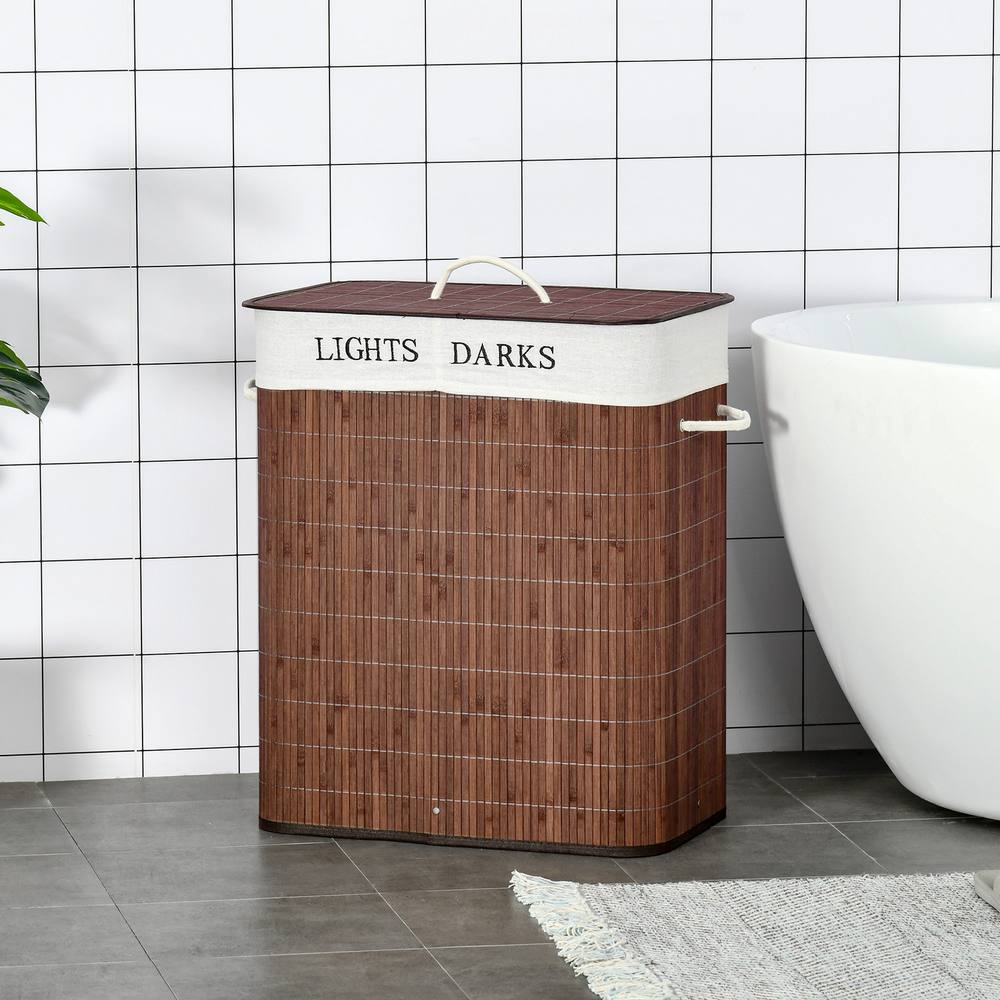 Homcom L Laundry Basket With Lid String Handles, Section Collapsible Hamper Removable Lining Foldable Water-Resistant Dirty Clothes Storage In Brown