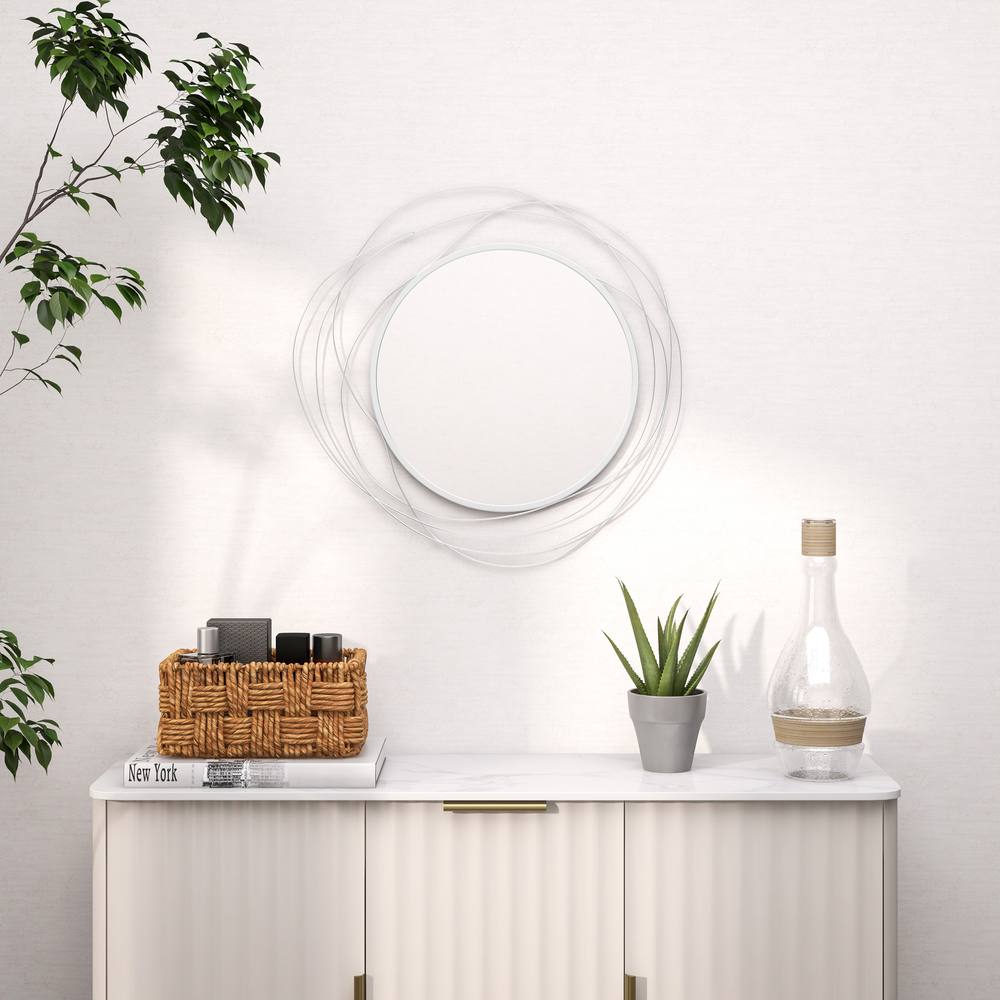 Homcom Metal Wall Art Cm Round Mirror For Living Room Dining Room In Silver