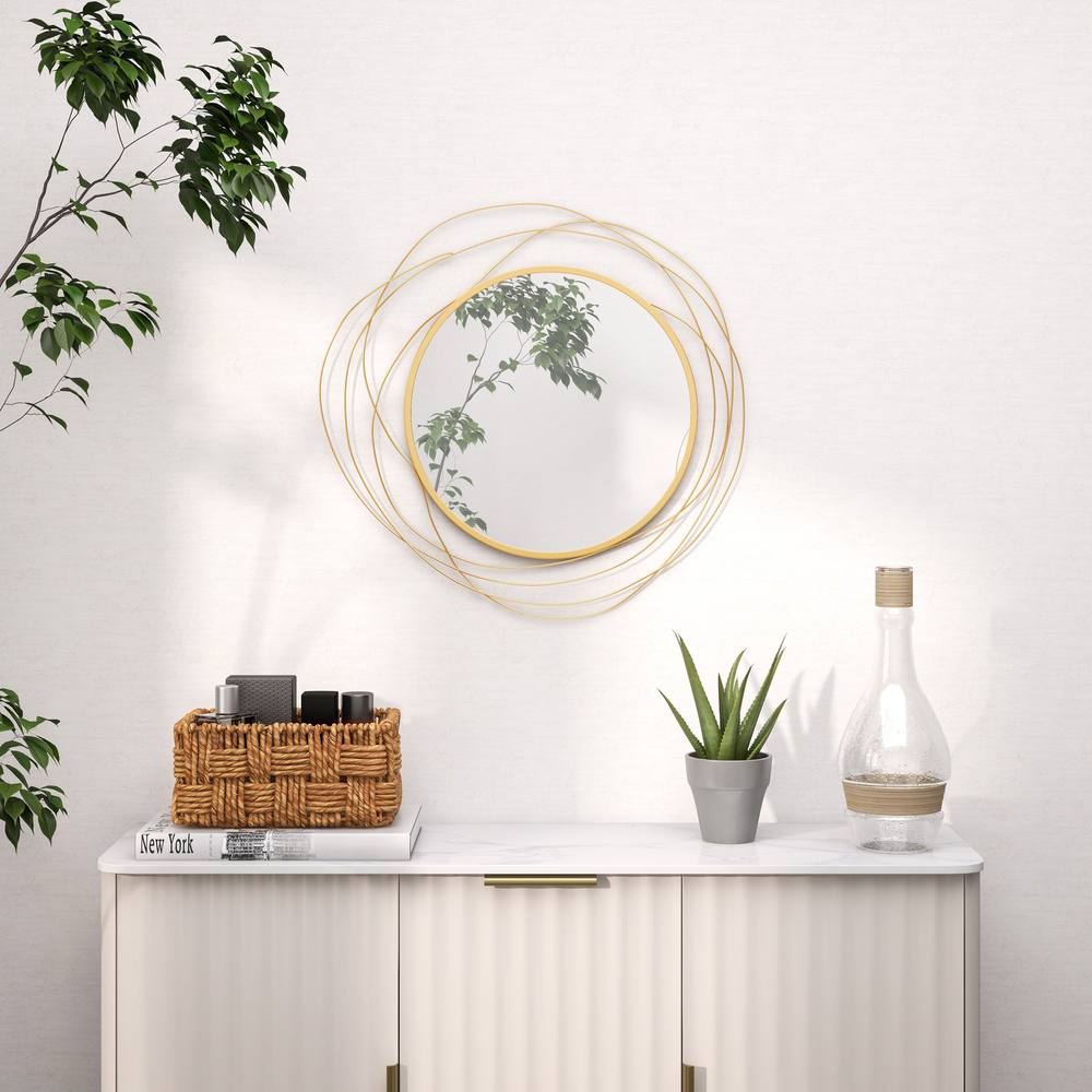 Homcom Metal Wall Art Cm Round Mirror For Living Room Dining Room In Gold