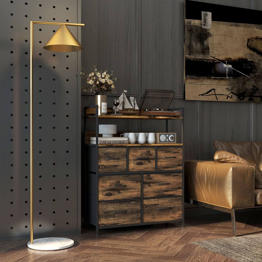 Homcom Bedroom Chest Of Drawers, Drawer Dresser Storage Organiser Unit With Foldable Drawers, Open Shelves And Steel Frame For Living Room, Entryway, Grey Wood Effect In Brown