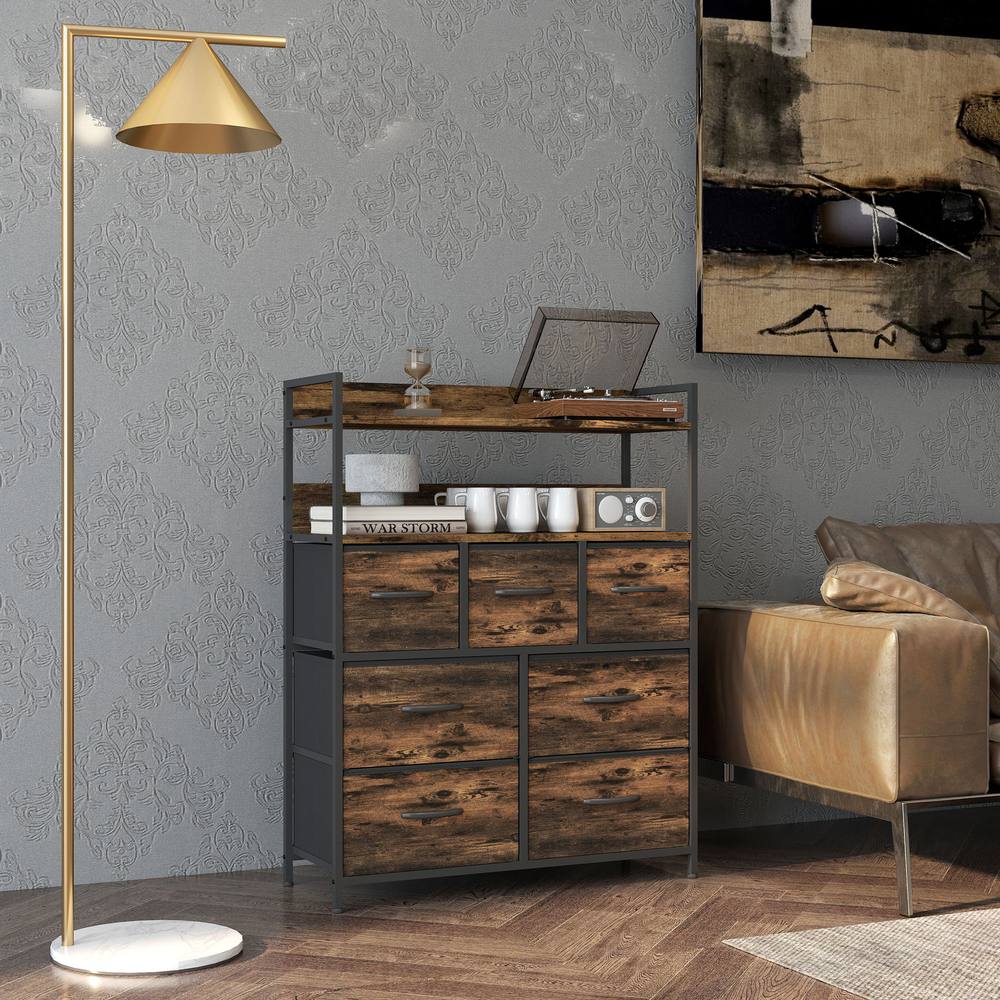 Homcom Bedroom Chest Of Drawers, Drawer Dresser Storage Organiser Unit With Foldable Drawers, Open Shelves And Steel Frame For Living Room, Entryway, Grey Wood Effect In Brown