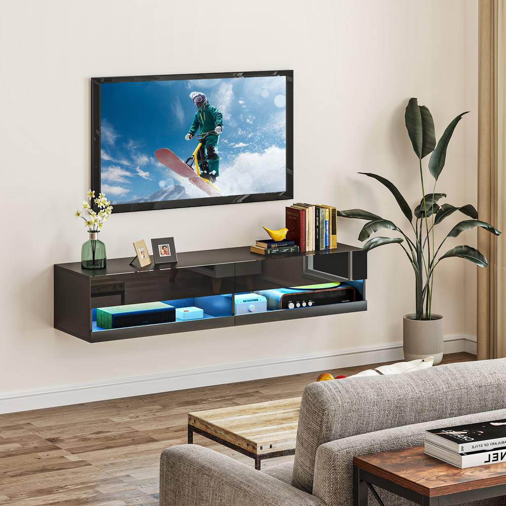 Homcom Floating Tv Unit Stand Wall Mount Tv Cabinet With Storage Led Lights In Black