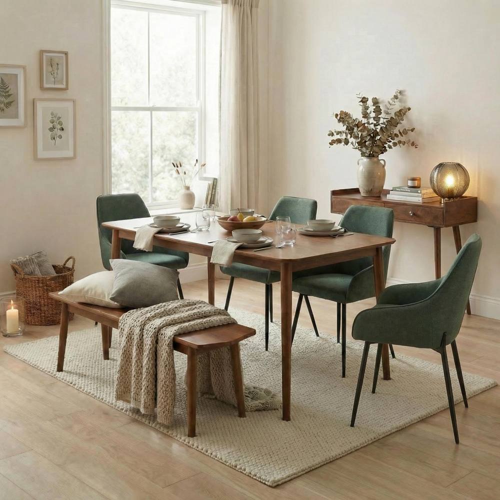 Furnitureboxuk Lynton Large Walnut Effect Wood Dining Table & Green Chairs & Bench