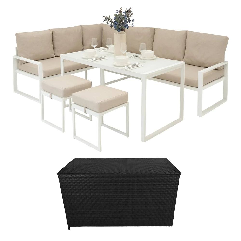 Monstershop Aluminium Corner Sofa Set With Black Rattan Storage Box