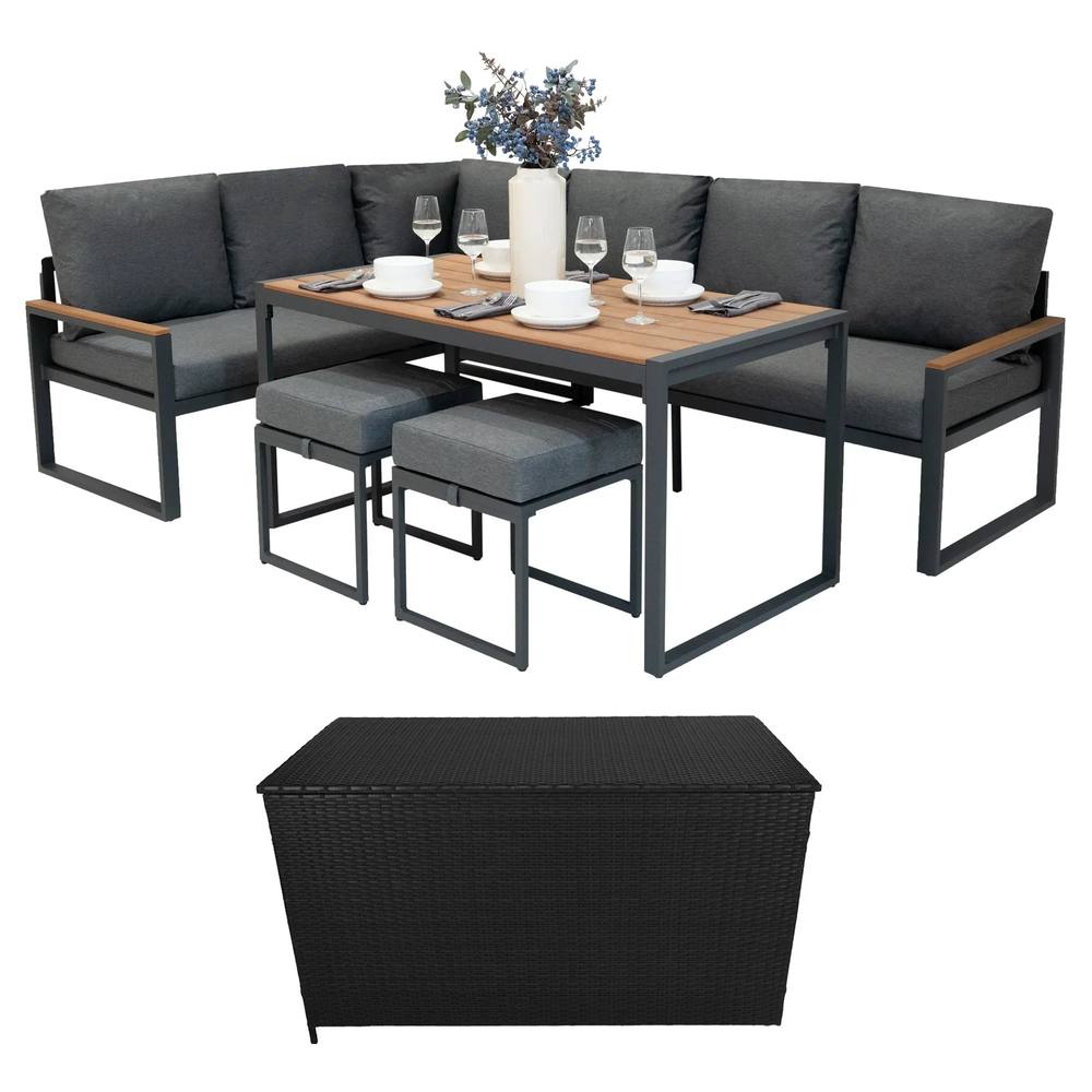 Monstershop Aluminium Corner Sofa Set With Black Rattan Storage Box - Wood Effect In Brown
