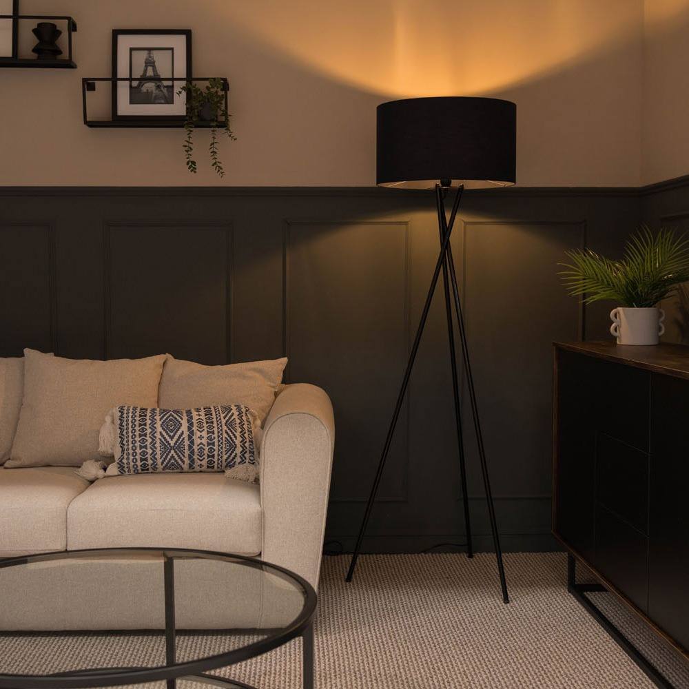 Valuelights Camden Black Metal Tripod Floor Lamp With Drum Lamp Shade And Led Bulb In Dark Navy