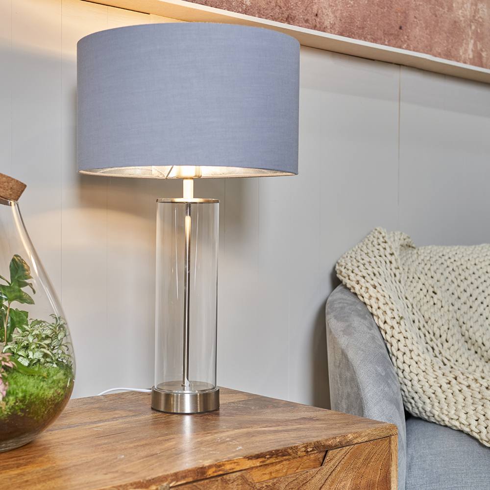 Valuelights Balan Glass And Brushed Chrome Table Lamp With Chrome Metallic Inner Lamp Shade And Led Bulb In Grey