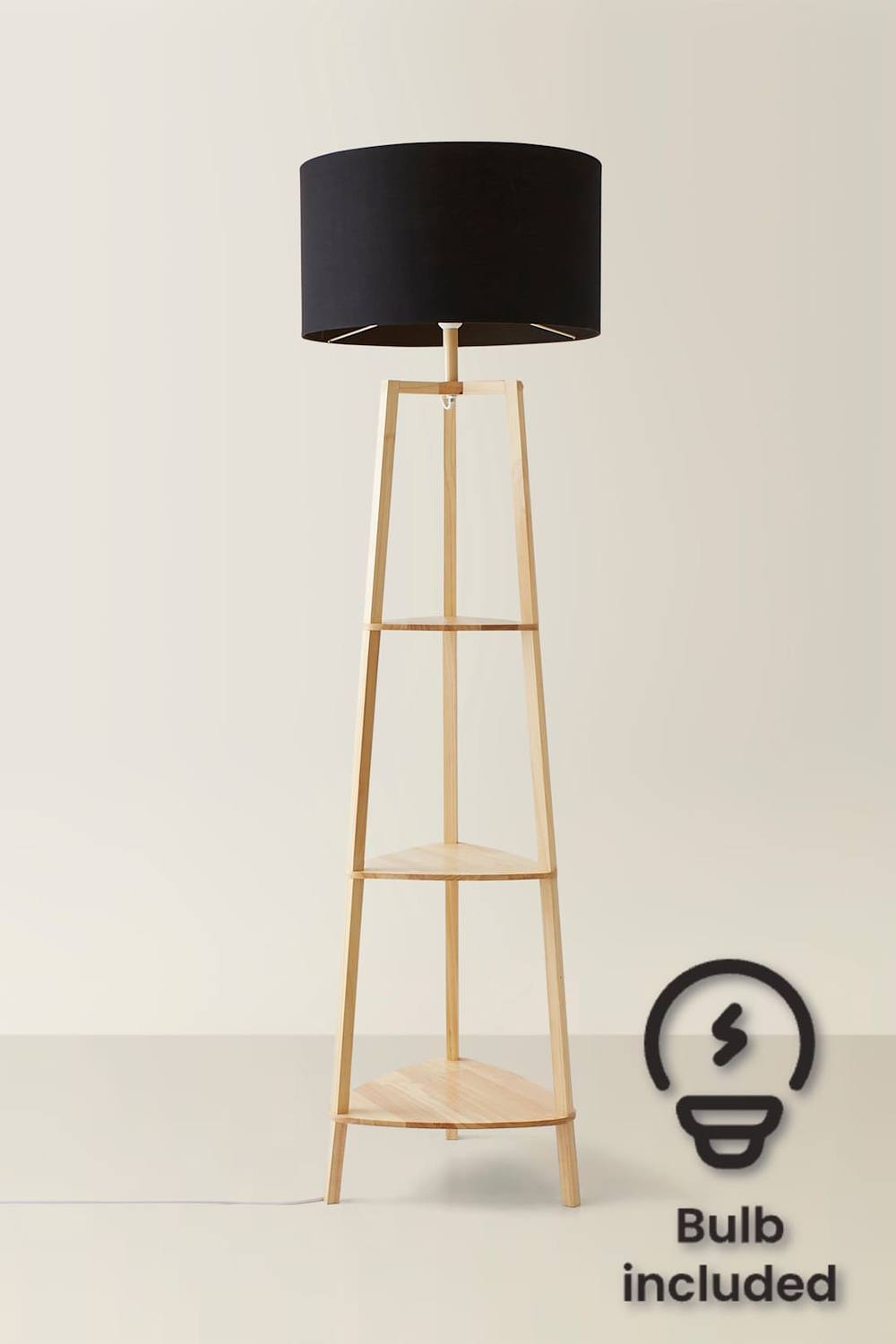 Valuelights Hiru Tier Wooden Shelf Floor Lamp With Large Drum Shade And Bulb In Black