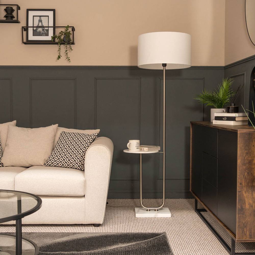 Valuelights Tavel Brushed Chrome Marble Base Floor Lamp With Table And Large White Shade In Silver