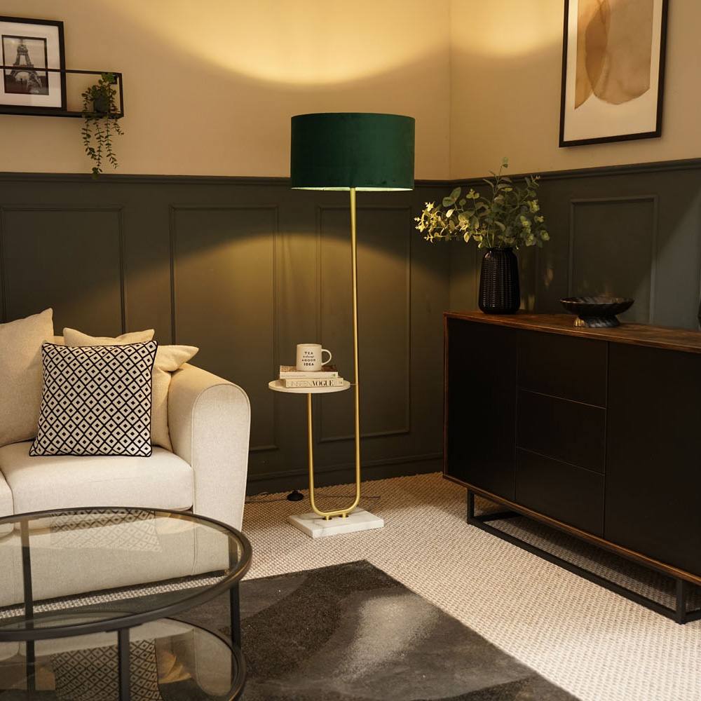 Valuelights Tavel Brushed Gold Floor Lamp Light With Velvet Shade In Bottle Green