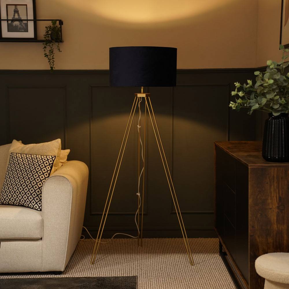 Valuelights Aero Hairpin Leg Gold Tripod Floor Lamp Light With Velvet Shade In Navy
