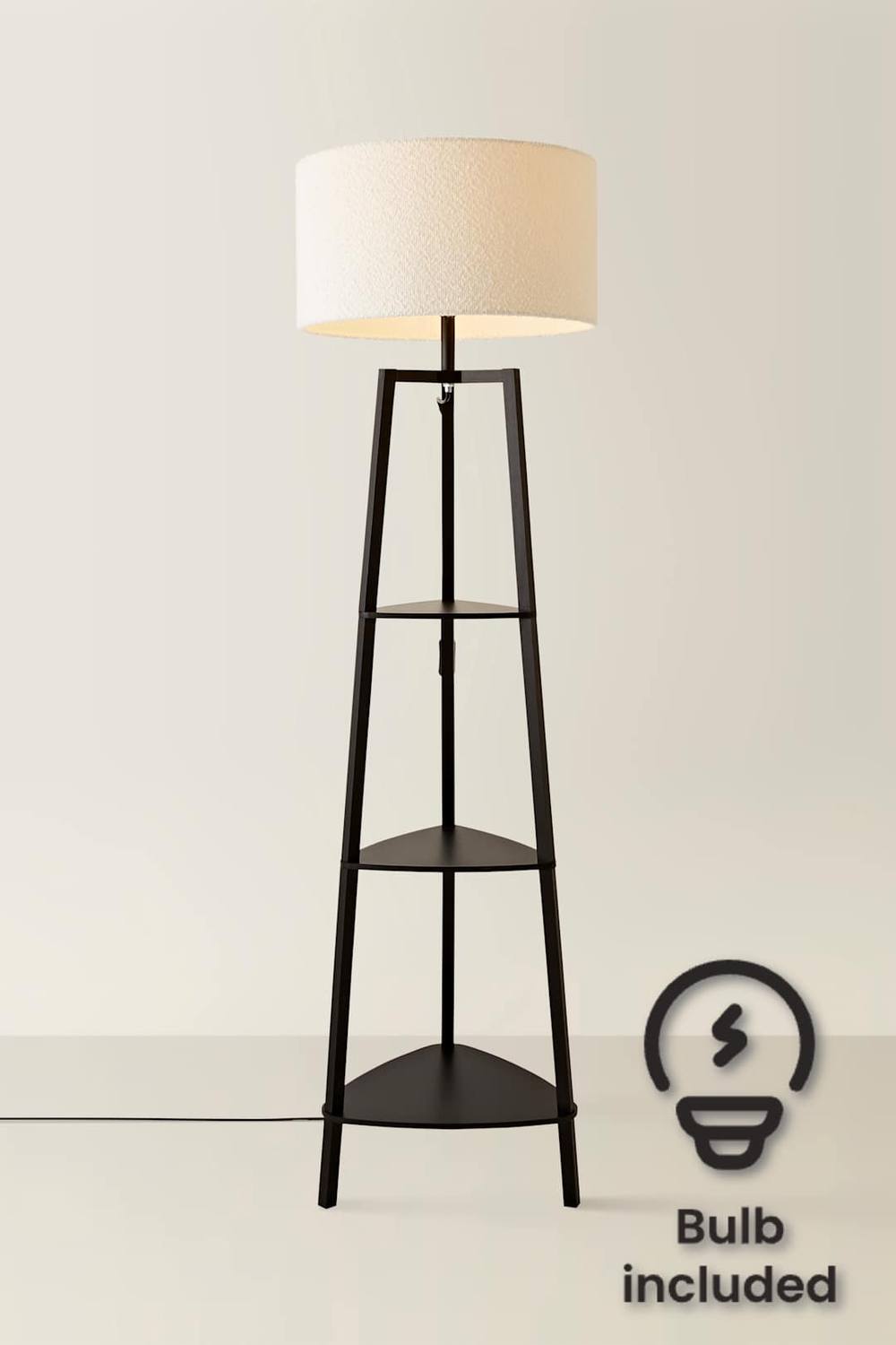 Valuelights Hiru Black Tier Shelf Floor Lamp With Boucle Shade And Bulb In Cream