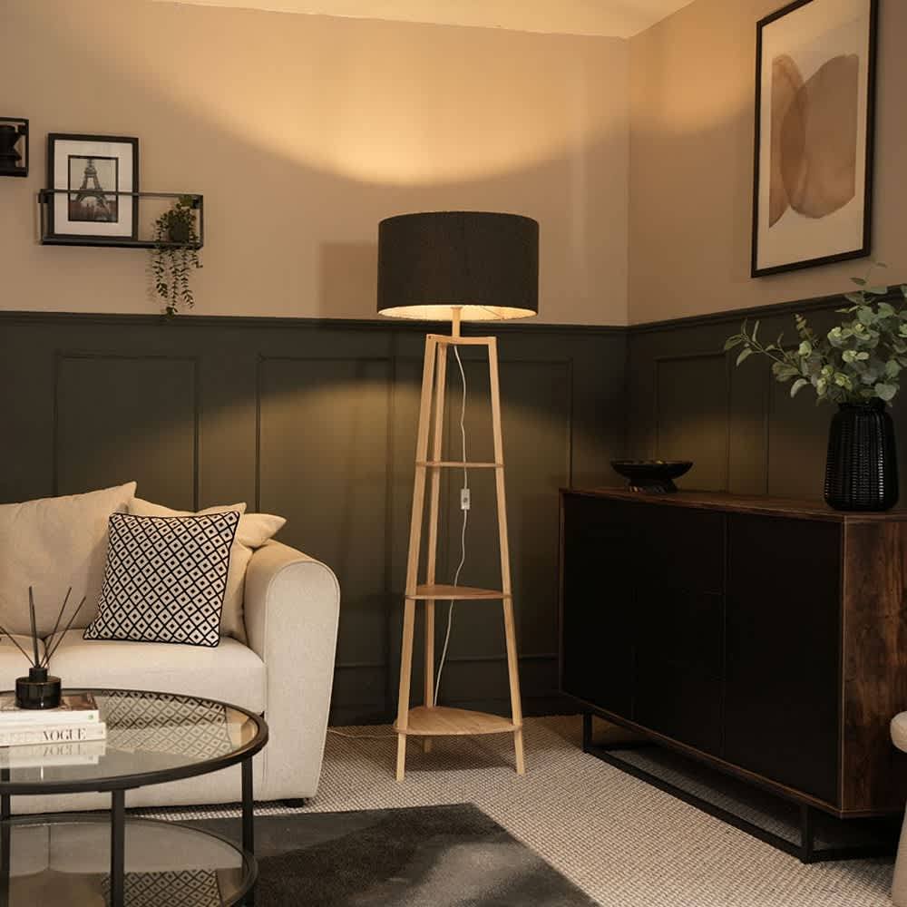 Valuelights Hiru Tier Wooden Shelf Floor Lamp With Boucle Drum Shade In Charcoal