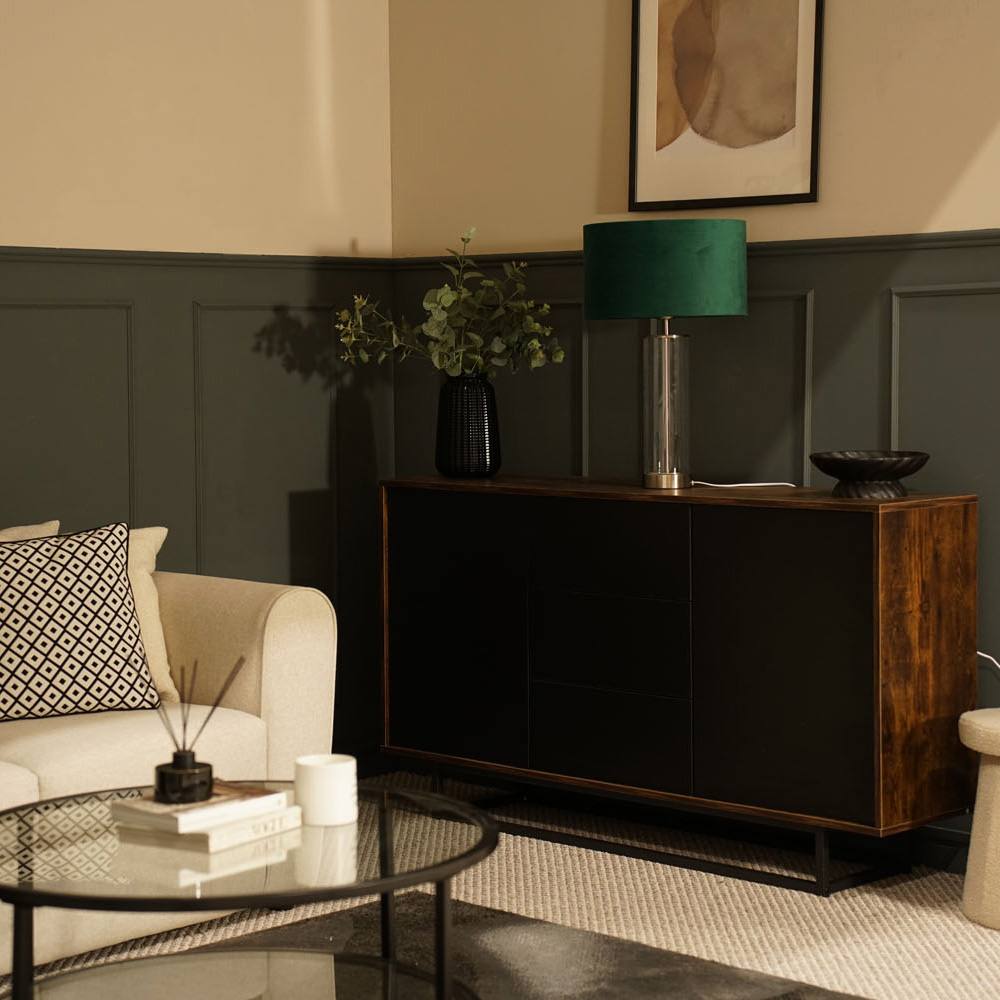 Valuelights Balan Glass And Brushed Chrome Table Lamp With Velvet Drum Lamp Shade In Navy