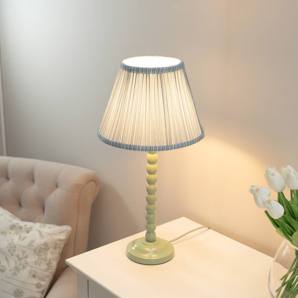 Valuelights Bobbins Sage Green Table Lamp With Tapered Fabric Pleasted Lamp Shade In Pale Blue
