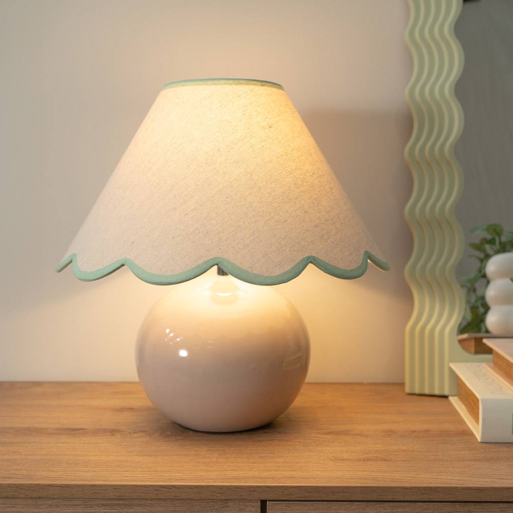 Valuelights Bosco Natural Stone Globe Ceramic Table Lamp With Linen Scalloped Lamp Shade In Green