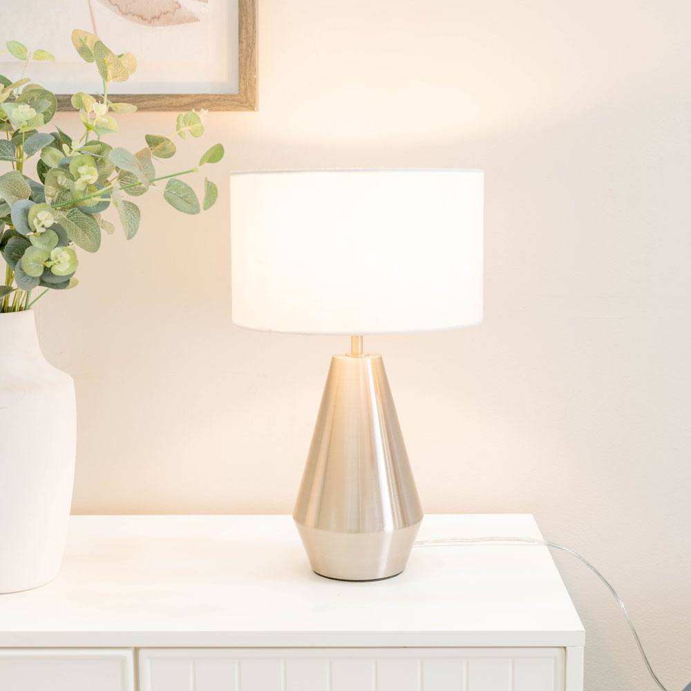 Valuelights Jax Brushed Chrome Dimmable Touch Table Lamp With Fabric Drum Shade In White