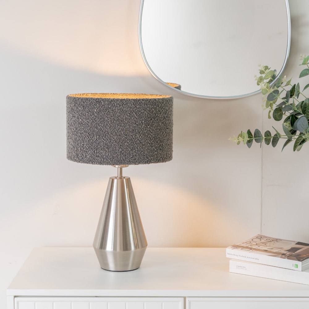 Valuelights Jax Brushed Chrome Dimmable Touch Table Lamp With Velvet Drum Shade In Charcoal