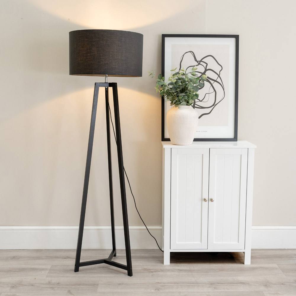 Valuelights Lottie Black Wood Tripod Floor Lamp With Fabric Drum Shade In Charcoal
