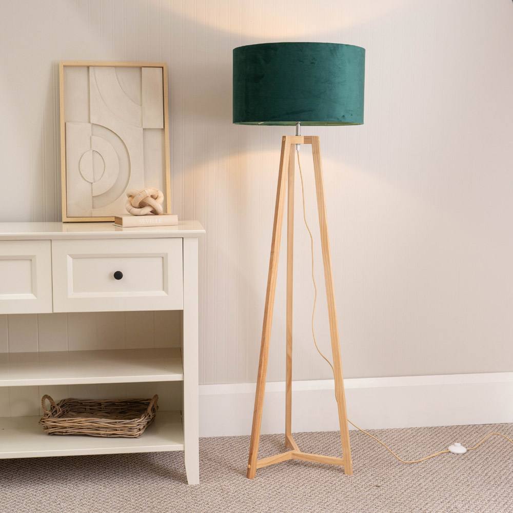 Valuelights Lottie Natural Wood Tripod Floor Lamp With Velvet Drum Shade In Green