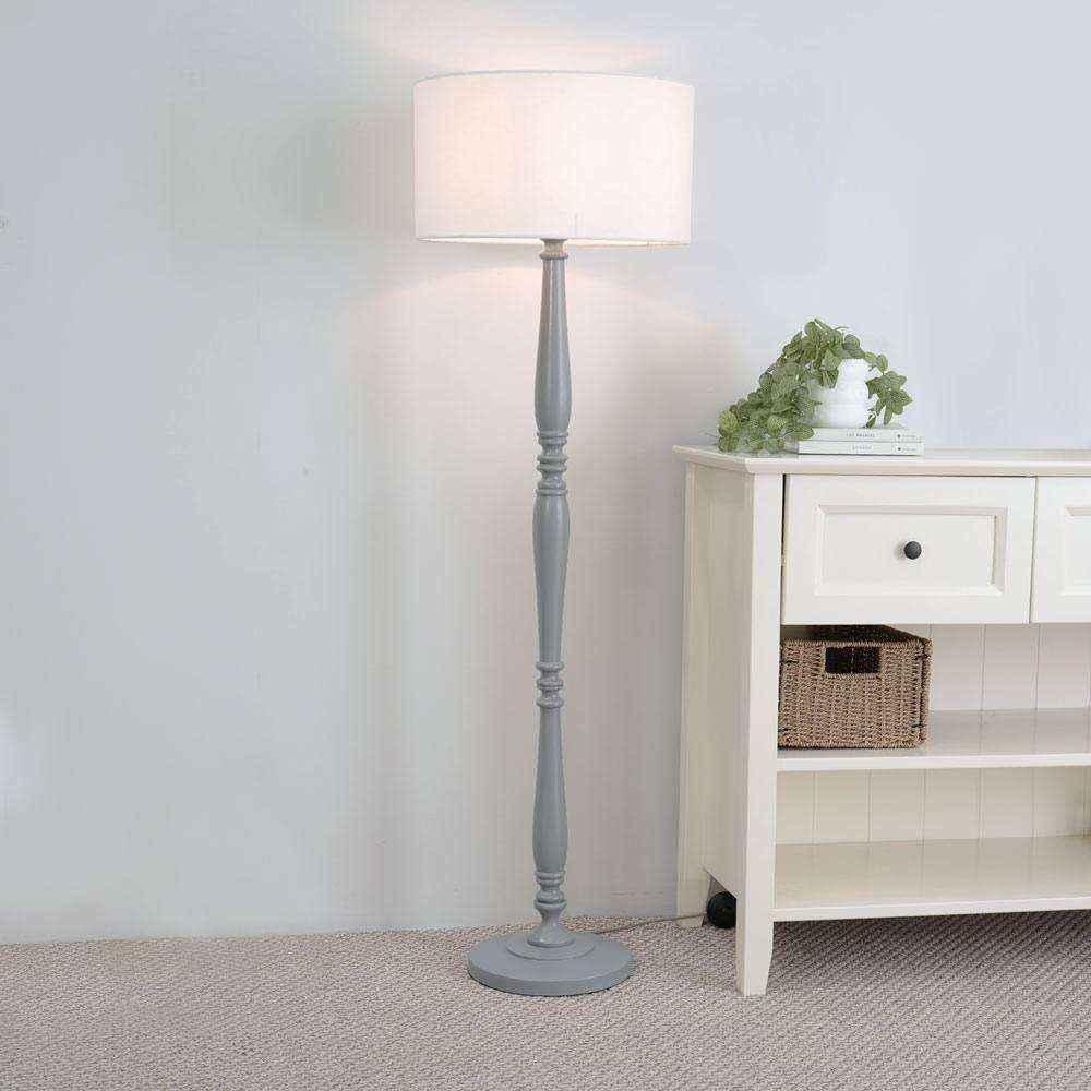 Valuelights Victoria Grey Wood Traditional Stem Floor Lamp With Fabric Drum Shade In White