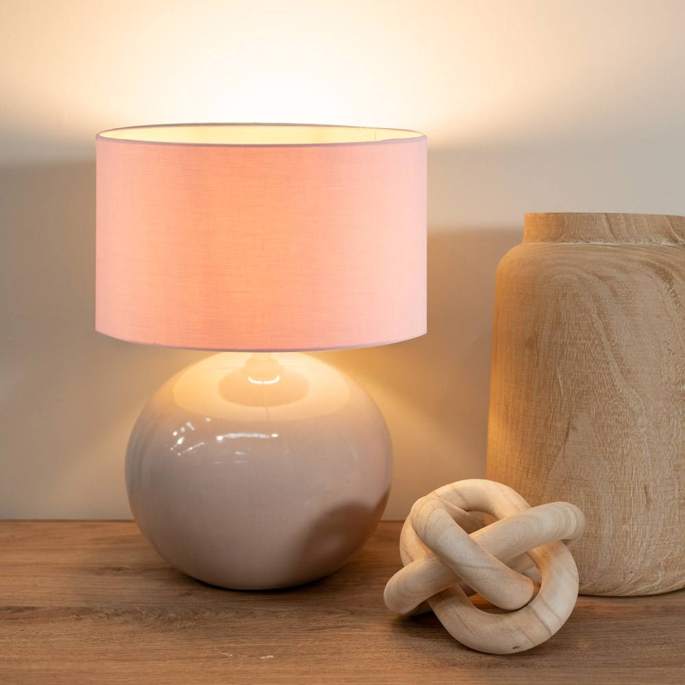 Valuelights Bosco Natural Stone Globe Ceramic Table Lamp With Fabric Lamp Shade And Led Bulb In Pink