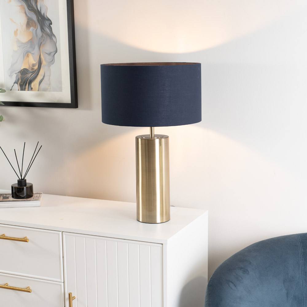 Valuelights Lexy Fabric Drum Shade With Antique Brass Dimmable Touch Table Lamp & Led Bulb In Navy