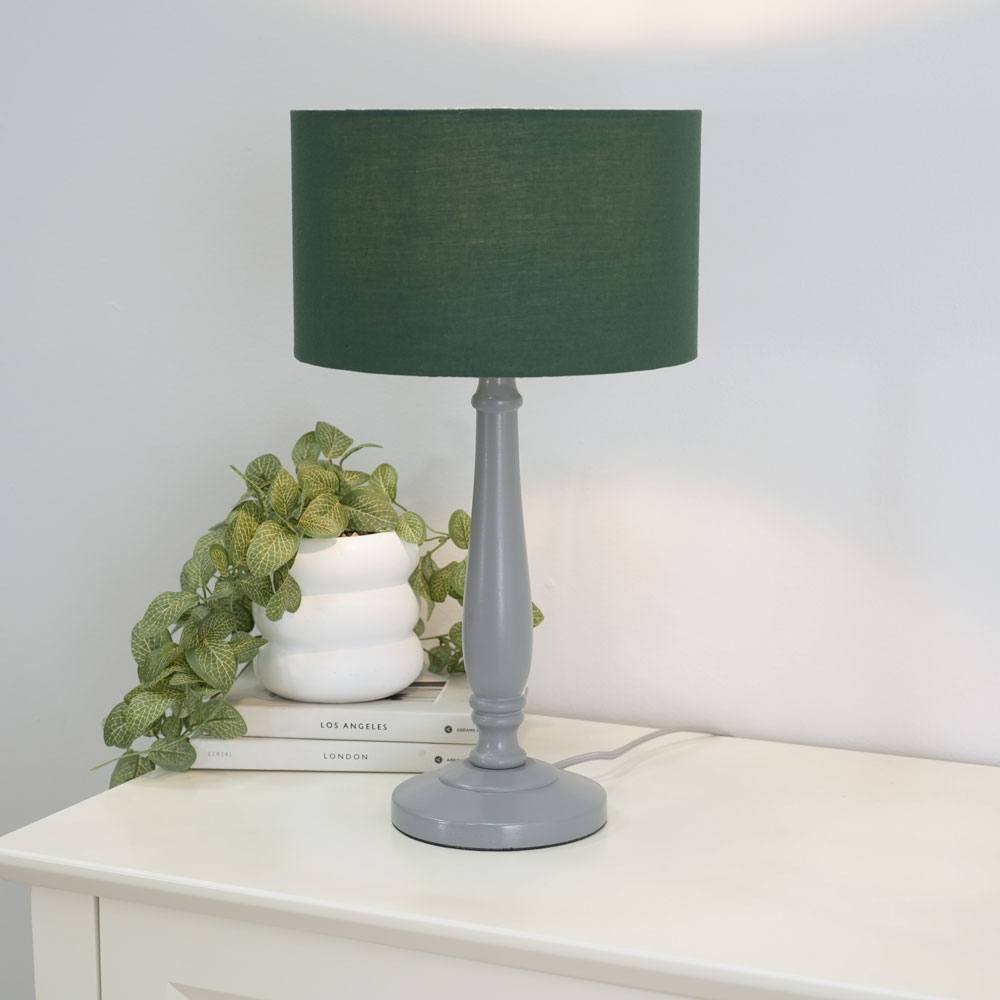 Valuelights Victoria Grey Wood Traditional Table Lamp With Fabric Drum Shade And Led Bulb In Green
