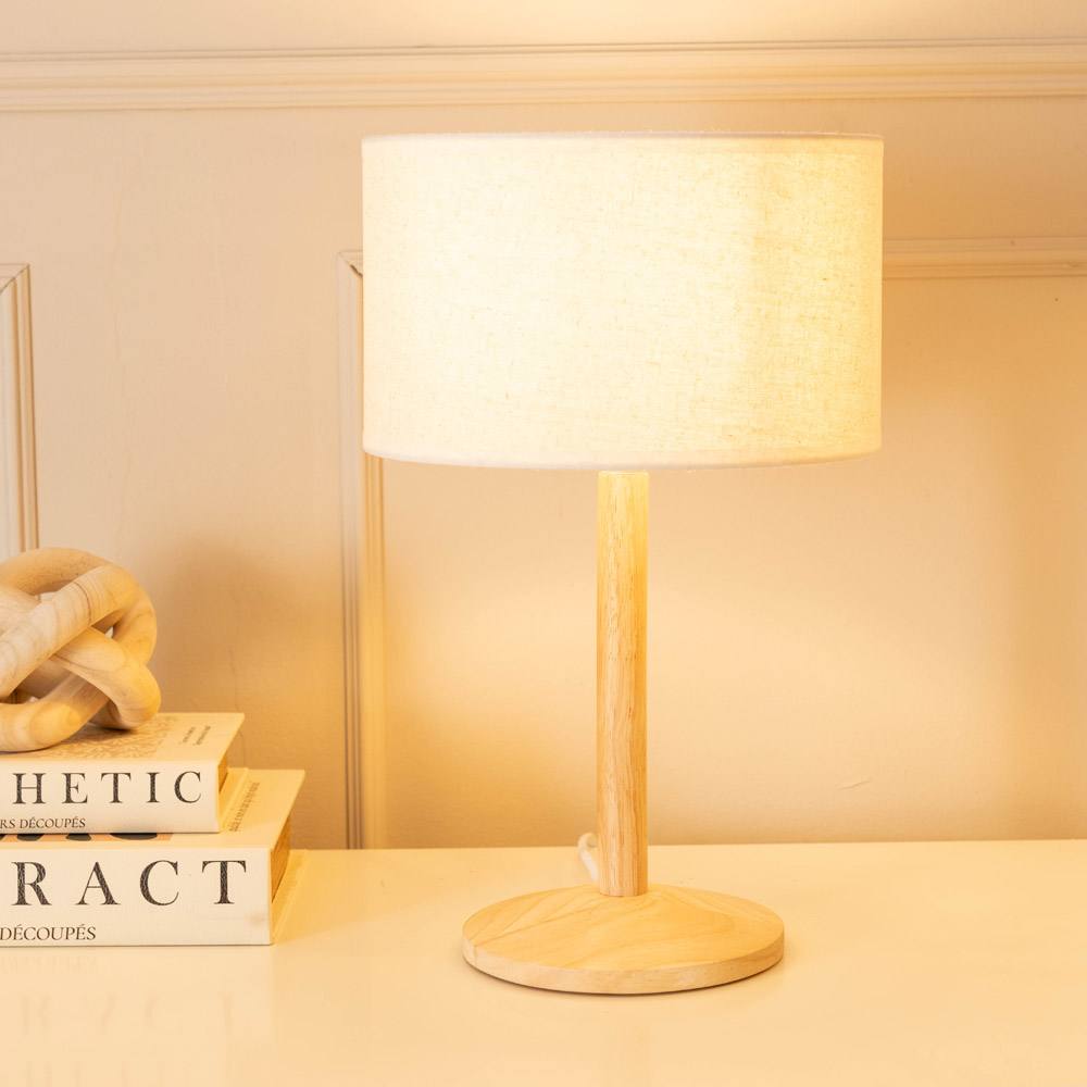 Valuelights Triston Natural Light Wood Stem Table Lamp With Linen Trim Drum Lamp Shade In White