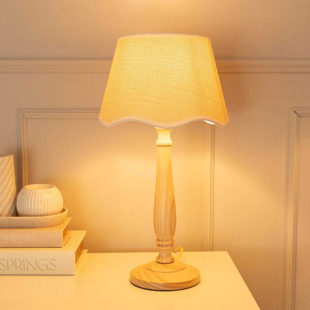Valuelights Victoria Light Wood Candlestick Table Lamp With Linen Scallop Trim Tapered Shade In White