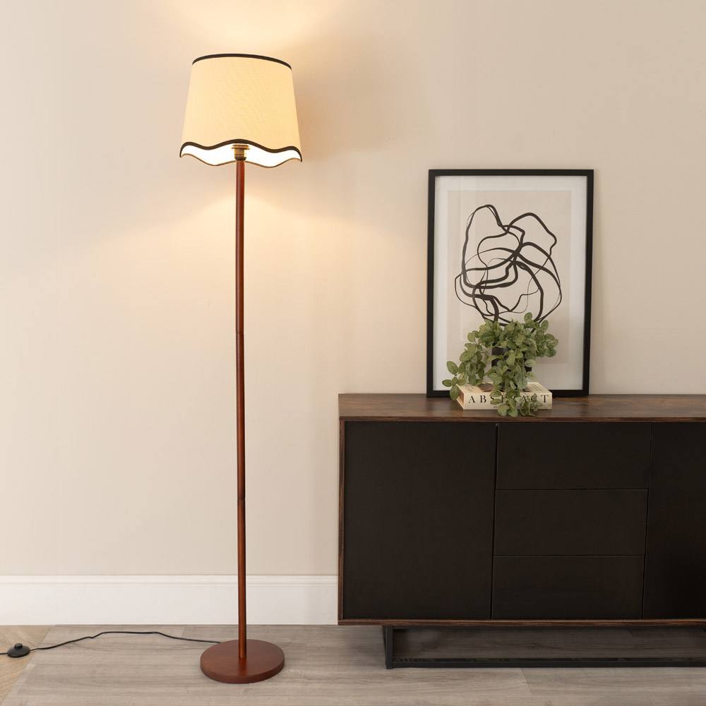 Valuelights Heather Dark Wood Stem Floor Lamp With Scallop Edge Tapered Shade And Led Bulb In Black