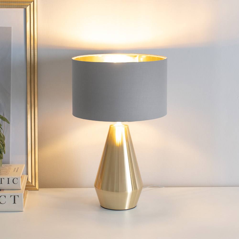 Valuelights Jax Gold Dimmable Touch Table Lamp With Fabric Drum & Gold Inner Shade & Bulb In Grey