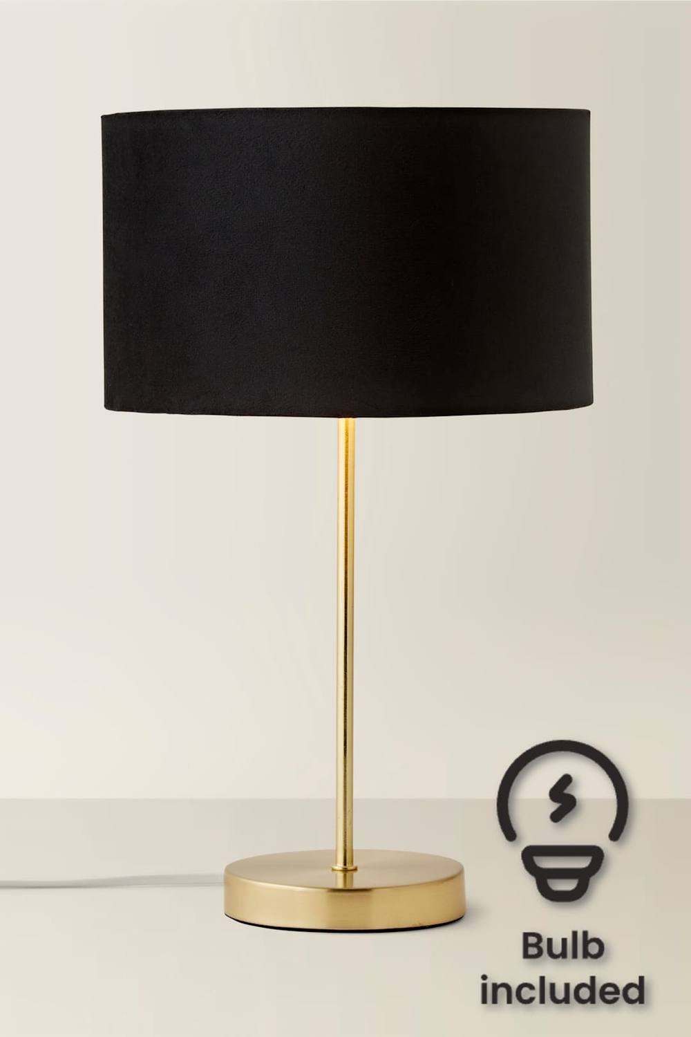 Valuelights Charlie Gold Stem Table Lamp With Velvet Drum With Gold Inner Lamp Shade & Bulb In Black