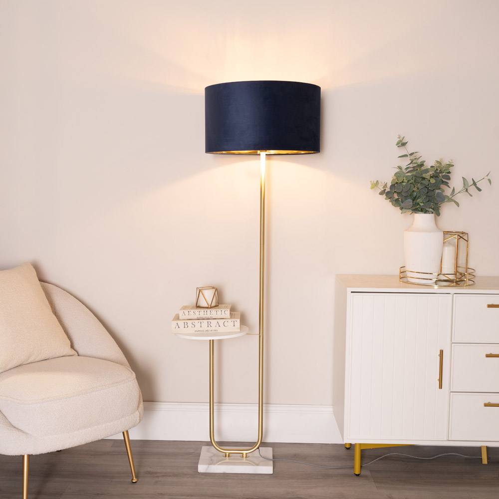 Valuelights Tavel Gold Floor Lamp With Table And Velvet Drum With Gold Inner Lamp Shade In Dark Navy