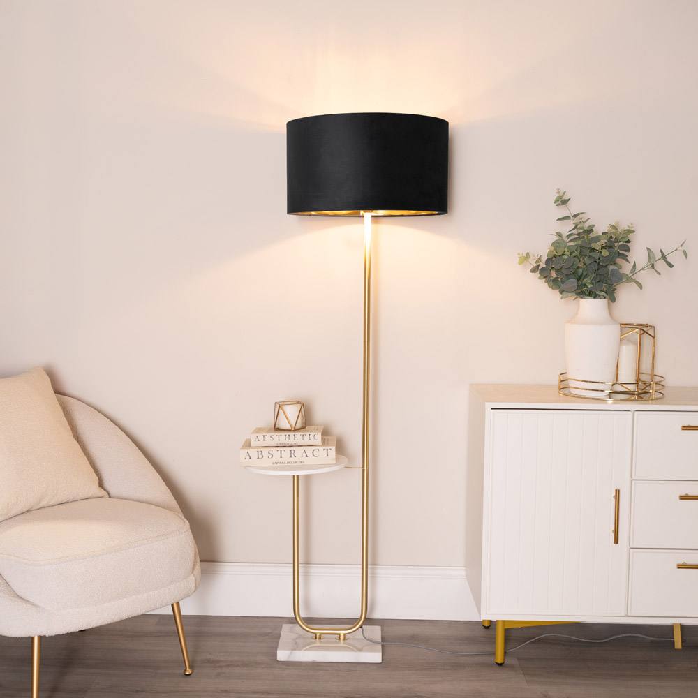 Valuelights Tavel Gold Floor Lamp With Table And Velvet Drum & Gold Inner Lamp Shade & Bulb In Black