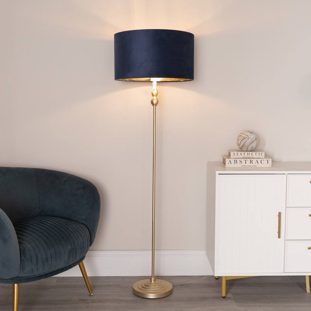 Valuelights Maggie Gold Candlestick Floor Lamp With Velvet With Gold Inner Lamp Shade & Bulb In Dark Navy