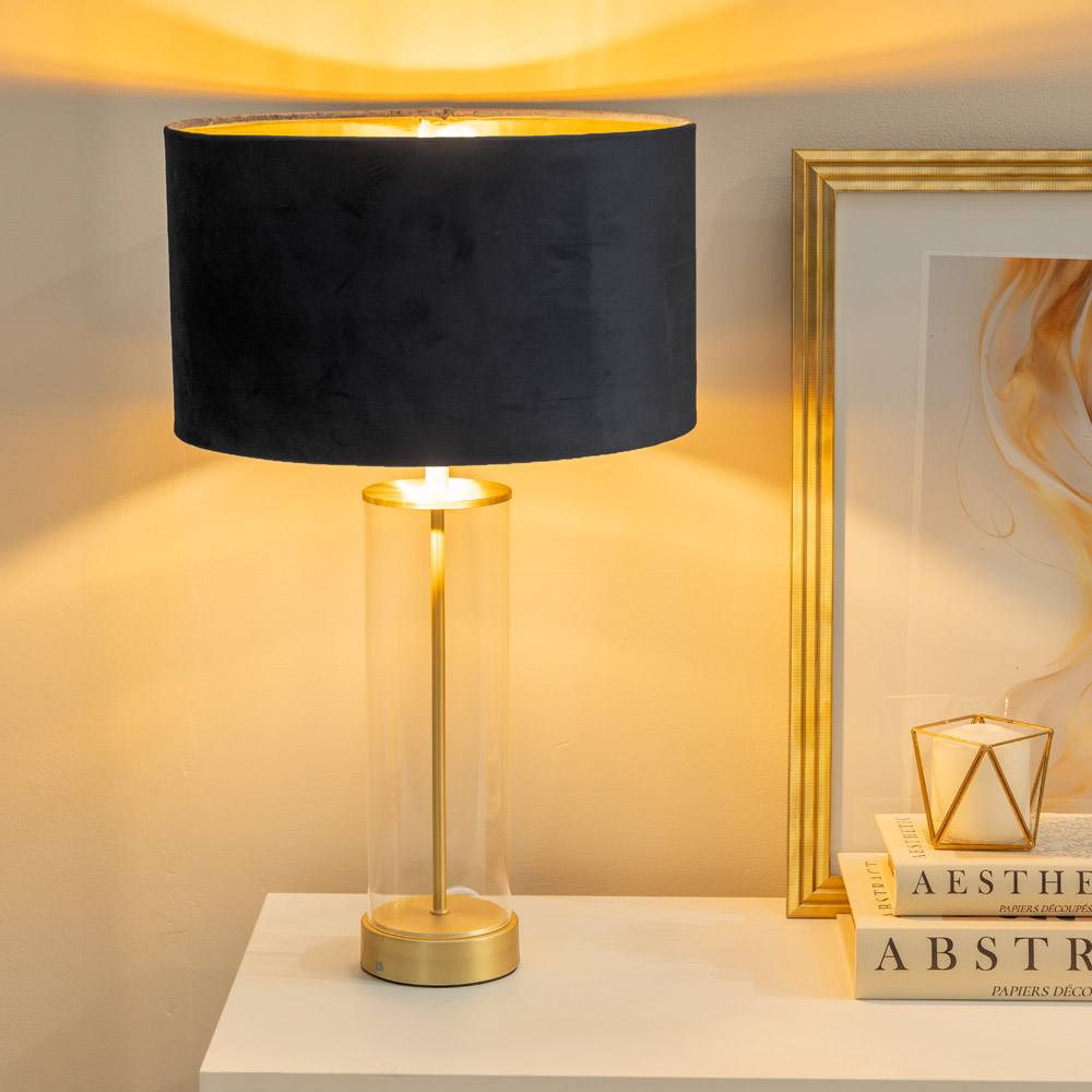 Valuelights Balan Glass With Gold Table Lamp And Velvet With Metallic Gold Inner Shade In Black