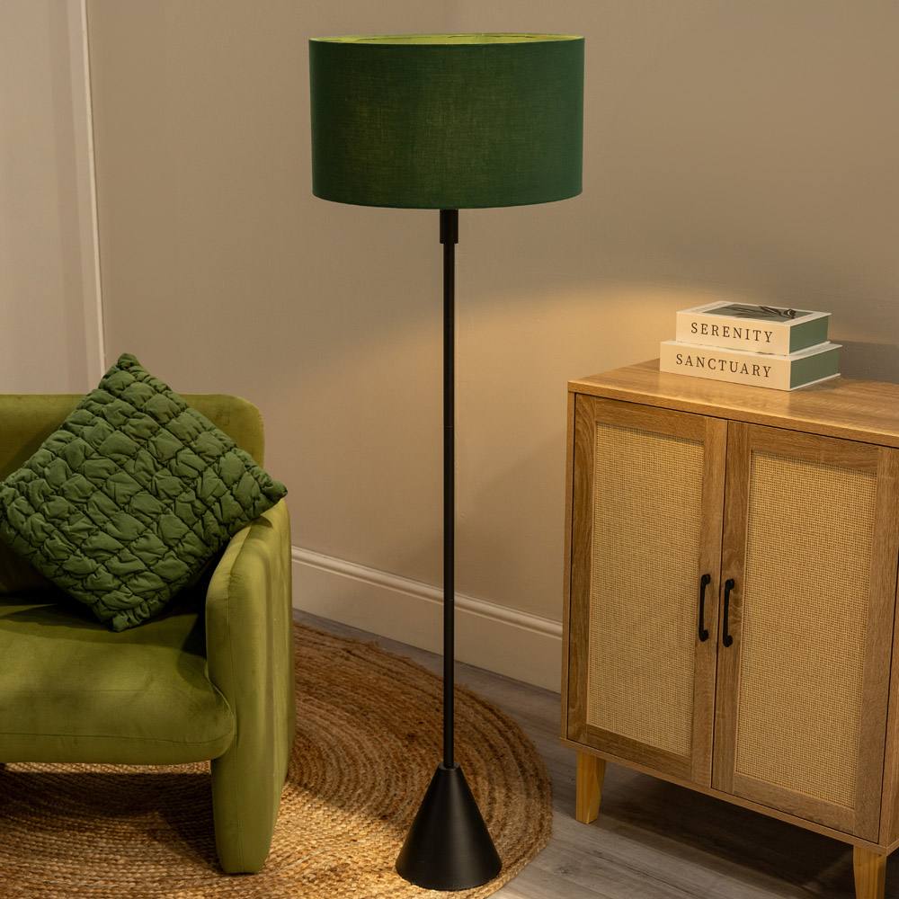 Valuelights Mitch Fabric Drum Shade Black Wood Single Stem Triangle Floor Lamp In Bottle Green