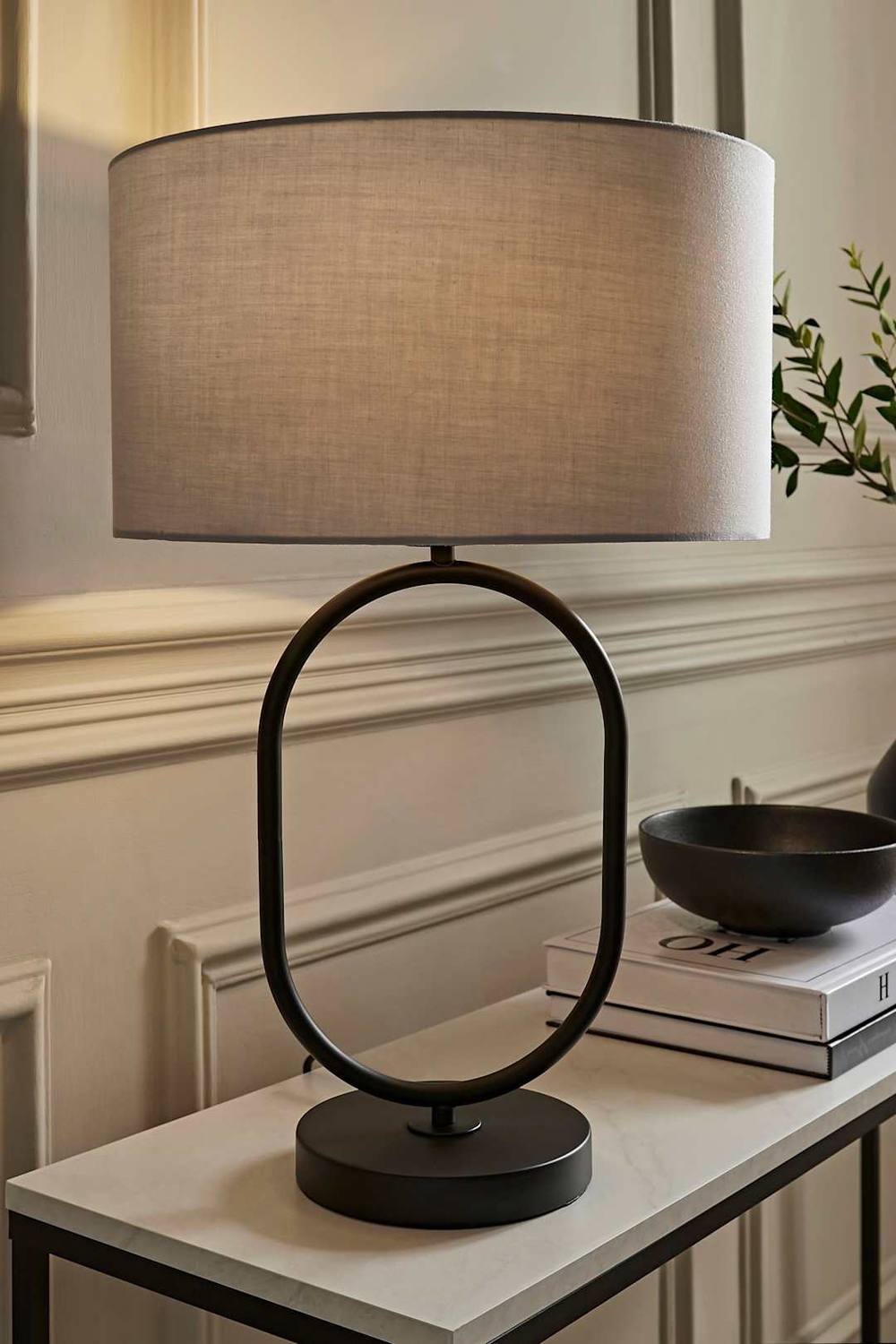 Valuelights Antonia Fabric Drum Lamp Shade Matte Black Oval Table Lamp In Grey