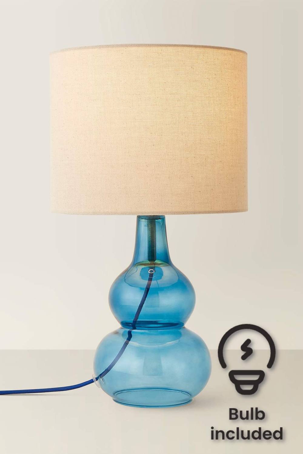 Valuelights Aida Natural Linen Tall Shade Bright Bubble Glass Table Lamp And Bulb In Bright Blue