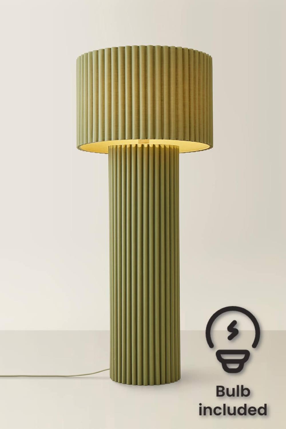 Valuelights Lenny Drum Shade Colour Drench Ribbed Fabric Midi Floor Lamp With Bulb In Pale Green