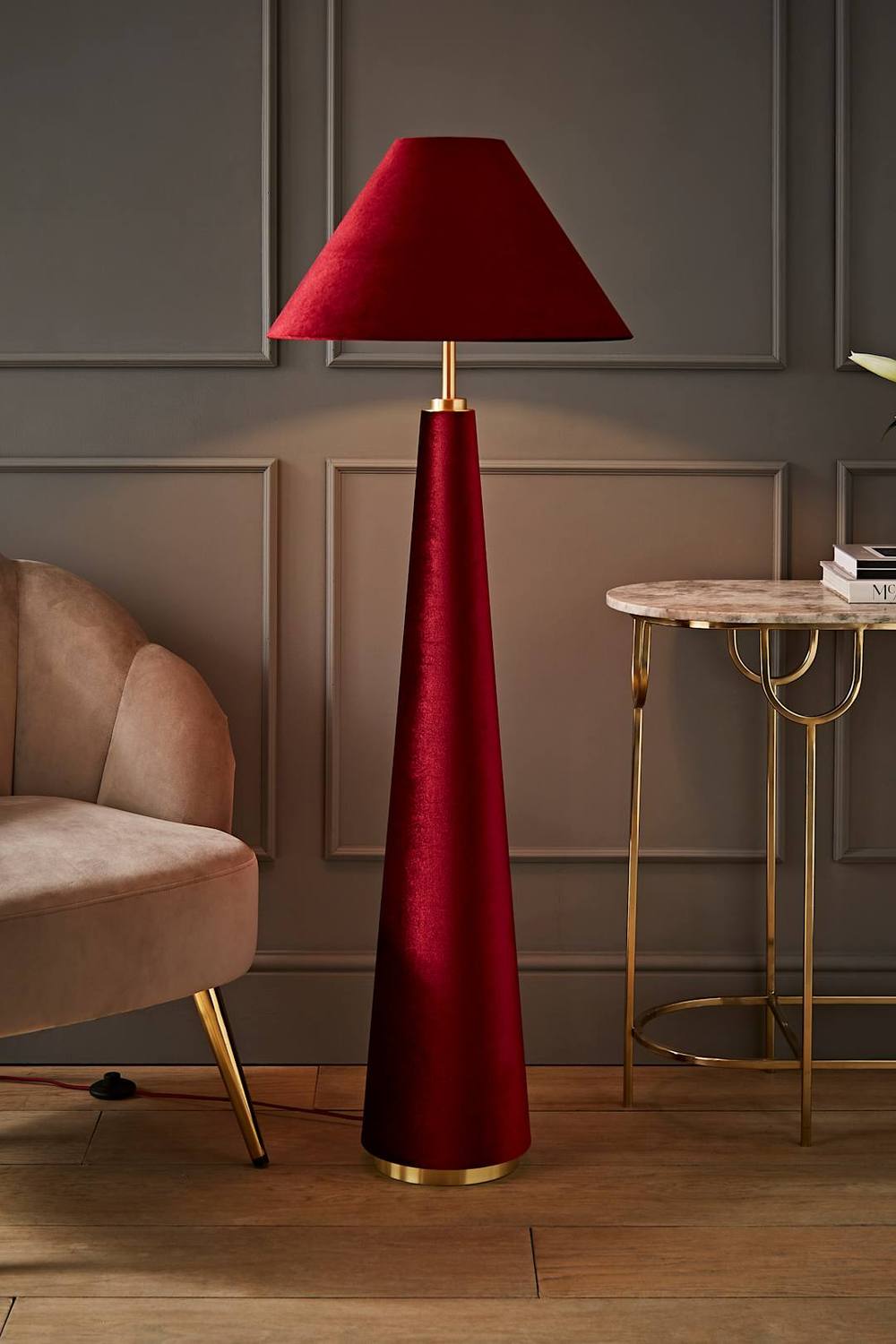 Valuelights Martha Velvet Midi Floor Lamp With Conical Velvet Lamp Shade In Burgundy