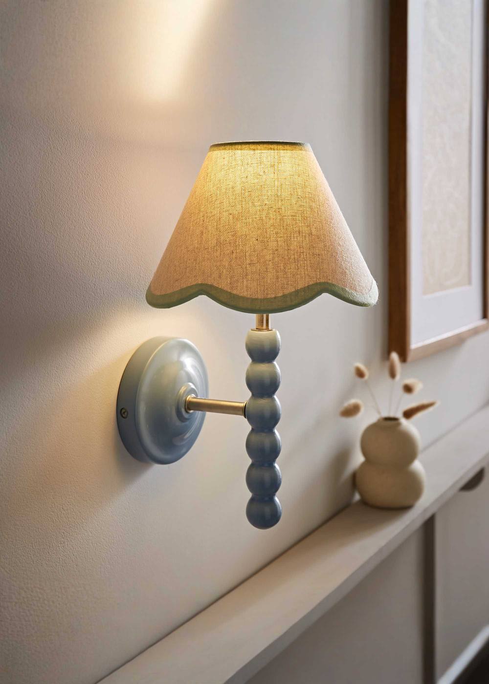 Valuelights Bobbins Powder Blue Bobble Wall Light And Linen Pastel Trim Lamp Shade In Pale Green
