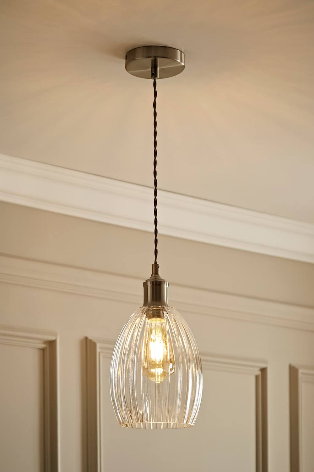 Valuelights Cheltenham Clear Ribbed Glass Dome Pendant Ceiling Light In Silver