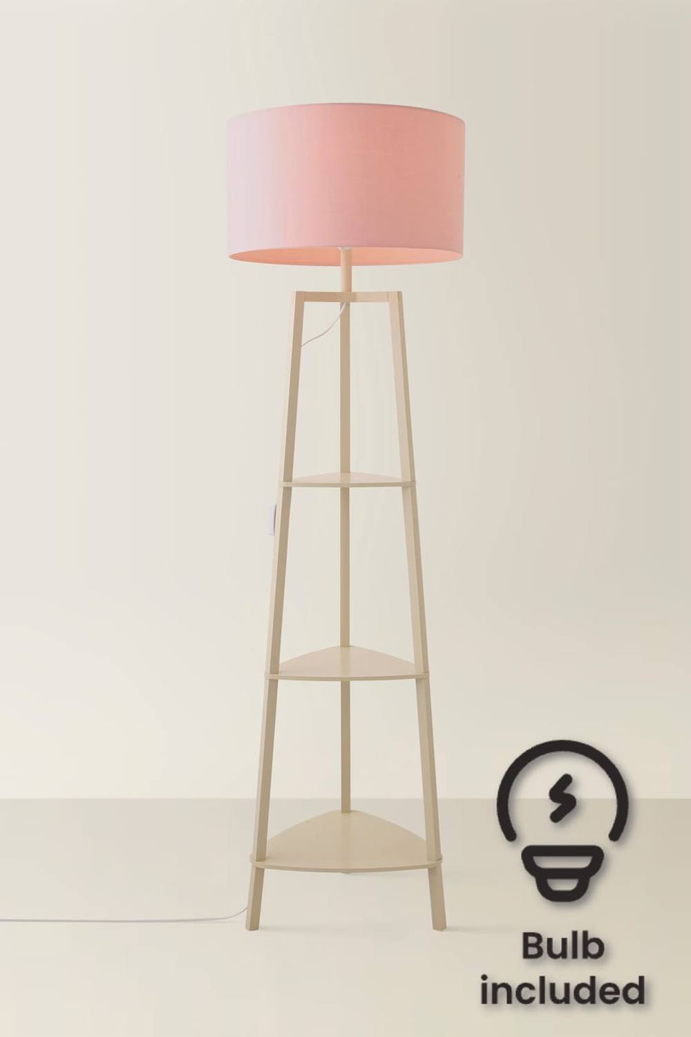 Valuelights Hiru Cream Tier Wooden Shelf Floor Lamp With Drum Shade And Bulb In Pale Pink