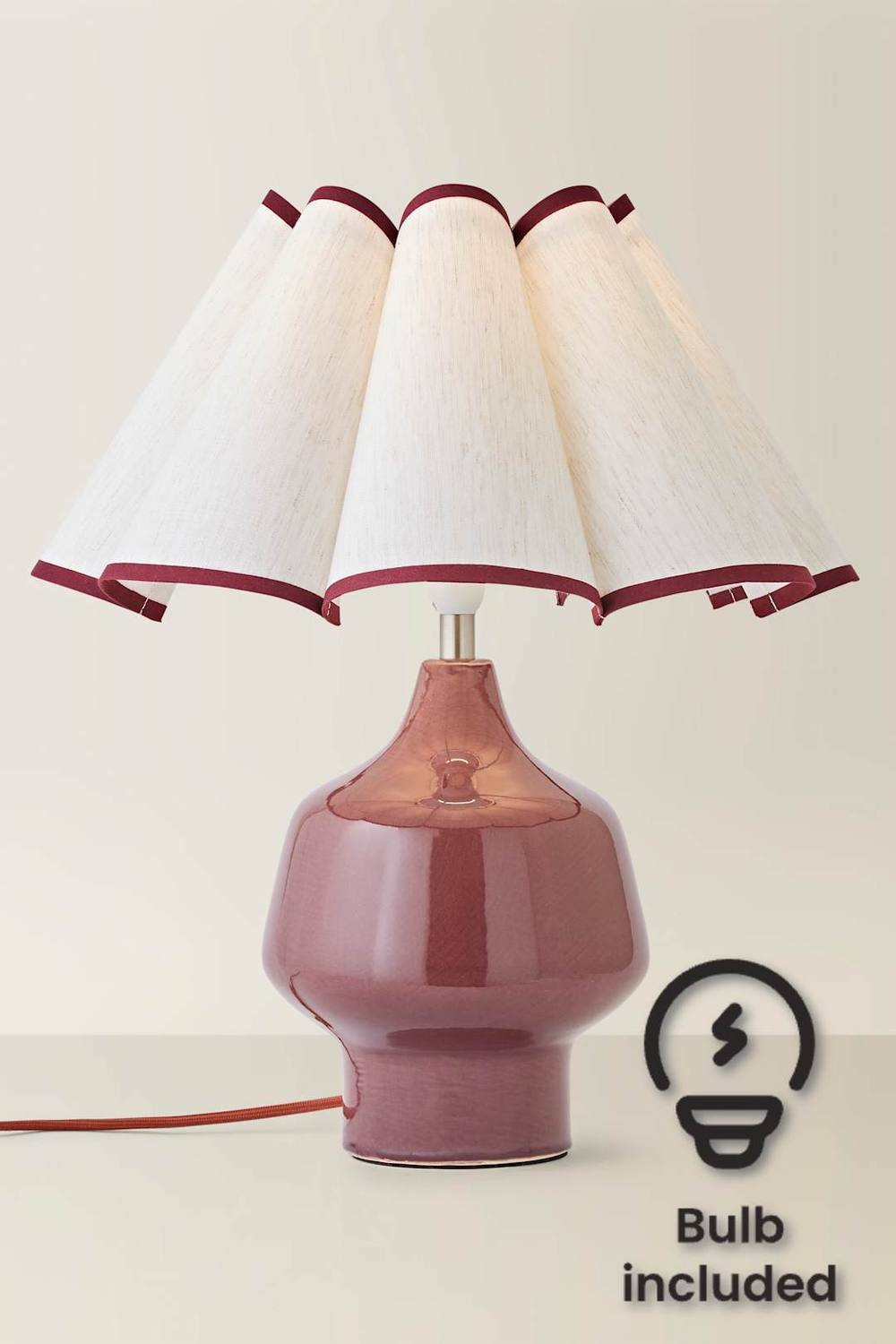 Valuelights Jamie Glazed Ceramic Table Lamp With Scallop Trim Lamp Shade With Bulb In Burgundy